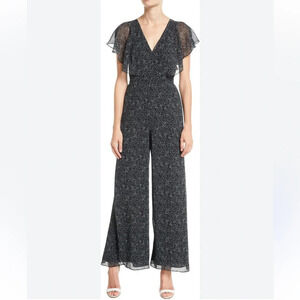 NWT Fame and Partners Black Floral V-Neck Wide Leg Jumpsuit Size 2